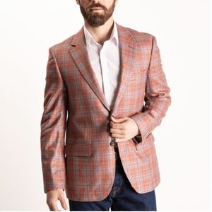 NWT Thom Hudson Zito 1/2 Silk Wool Fully Lined Sport Coat Plaid Melon Blue 44L